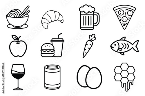 Collection of various food and drink items in line art style