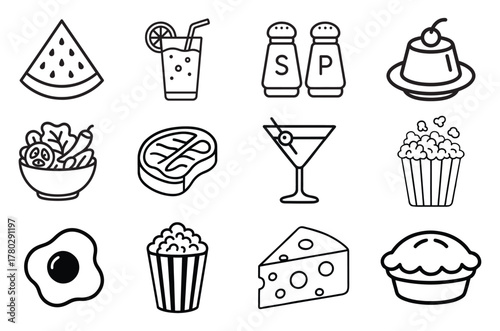Collection of simple black and white food and drink line icons