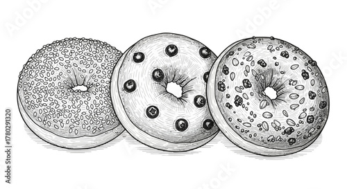 Three distinct bagels, each with unique toppings, are presented in a detailed black and white illustration.
