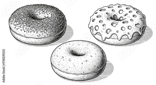 A detailed black and white hand-drawn illustration of three assorted bagels: plain, seeded, and glazed.