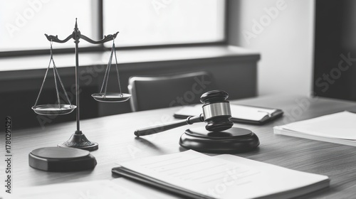 Scale and gavel on desk, documents and window in background. Legal concept photo