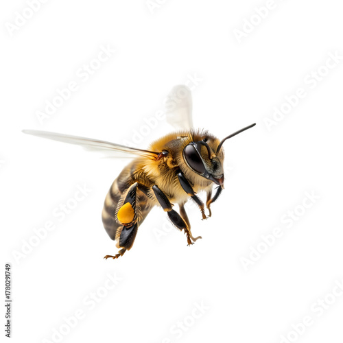 Honeybee flies gracefully, carrying pollen, ready for a vibrant spring harvest