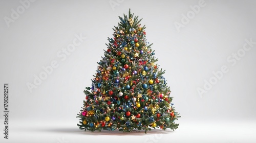 A vibrant, super realistic studio shot of a magnificent lush Christmas tree, brimming with festive cheer.