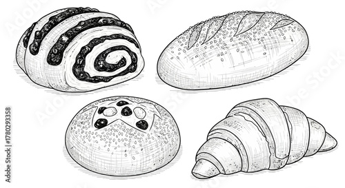 A black and white sketch of four different types of baked goods, including a swirl bread, a loaf, a round bun, and a croissant.