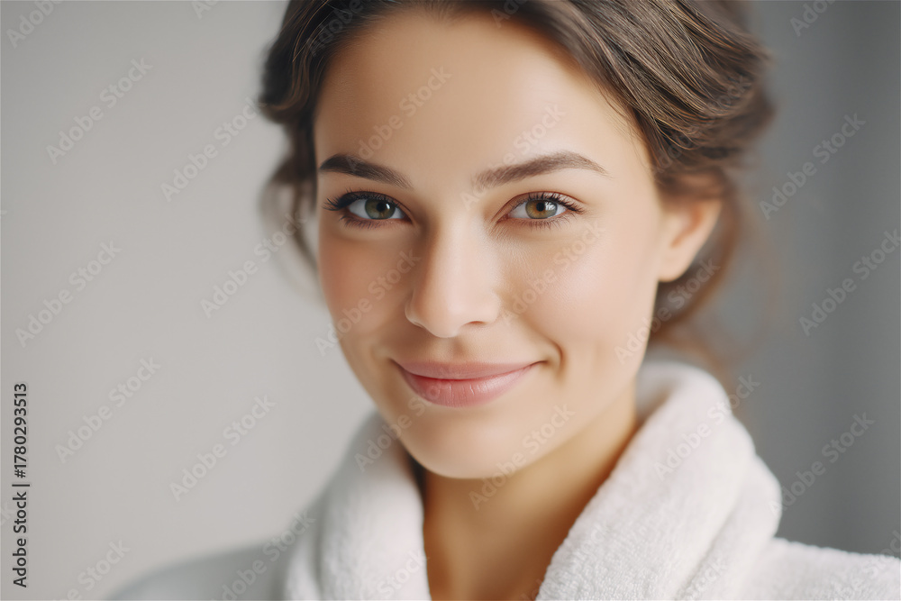 Naklejka premium Smiling young woman with clean skin wearing bathrobe, concept of wellness, beauty and natural skincare with copy space.