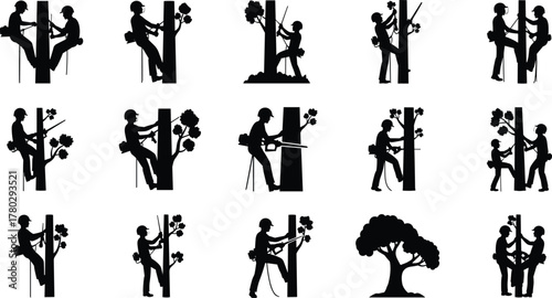Tree climbing silhouettes, arborist working icons, rope access vector, CAD drawing, flat illustration, safety gear, pruning, forest maintenance, isolated set