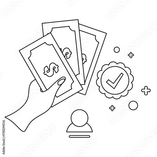 Hand Presenting Dollar Bills with Check Mark and User Icon, Financial Approval.