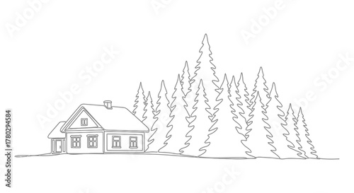 Rustic wooden house nestled amongst a dense forest of pine trees in a striking silhouette