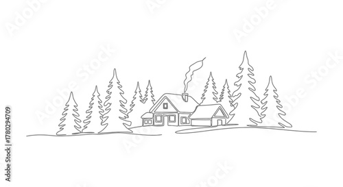 Charming hand drawn sketch of a cozy cabin nestled amongst tall evergreen trees in a winter landscape silhouette
