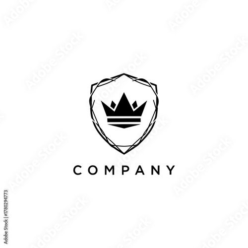 Modern geometric shield emblem featuring a majestic crown design, symbolizing protection, prestige, and high standards, ideal for luxury branding and corporate identity solutions