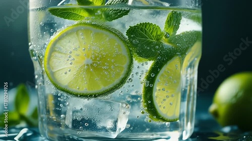 Sparkling water with lime and mint, condensation and ice cube details, bright summer lighting, refreshing hydration theme, ultra HD still.
