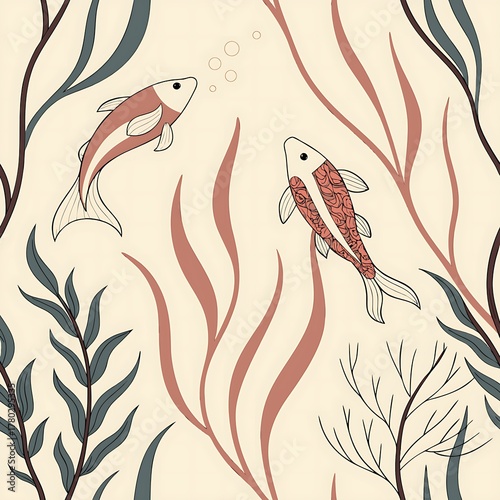 Animal seamless pattern with abstract fishes and seaweeds, watercolor illustration on delicate beige background for textile or wallpaper