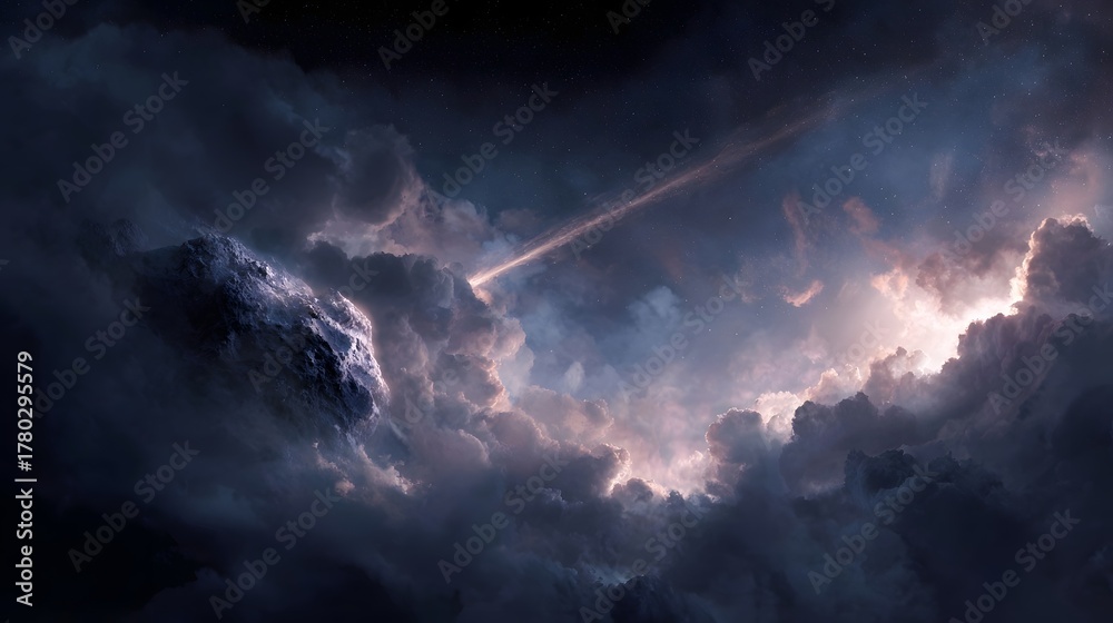 Obraz premium A dramatic cosmic scene featuring a glowing asteroid amidst stormy clouds and starlight