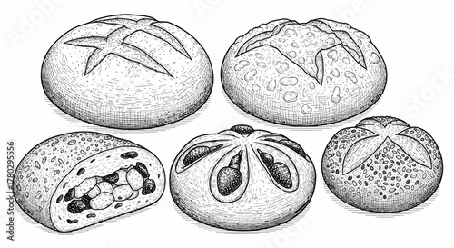 Black and white illustration of various types of bread rolls, showcasing different shapes and textures.