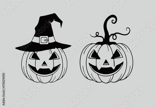 Spooky Halloween Pumpkins A Vector Illustration of Two Jack-o'-lanterns with a Witch Hat