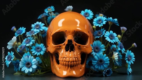 Orange skull surrounded by vibrant blue daisy flowers against a dark background creates a striking contrast perfect for art prints posters or gothic themed designs and halloween decorations