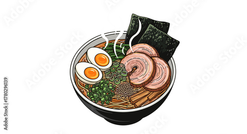 Ramen Bowl Illustration with Pork and Eggs