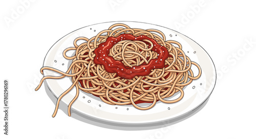 Spaghetti with Tomato Sauce on a White Plate - Delicious Italian Pasta Dish Illustration