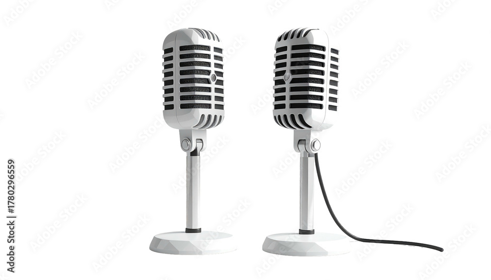 Fototapeta premium Two silver vintage-style microphones stand side-by-side against a black background, one connected with a cable