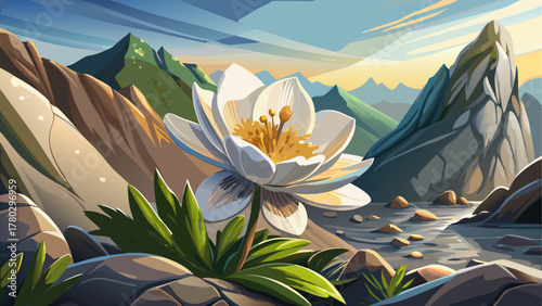 A delicate alpine wildflower blooming between mountain rocks, detailed close-up showing soft petals and morning dew, illuminated by gentle sunlight, symbolizing purity, resilience, and mountain beauty