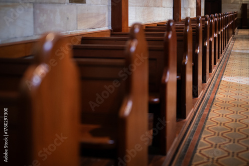 Long Row of Empty Church Pews Aisle