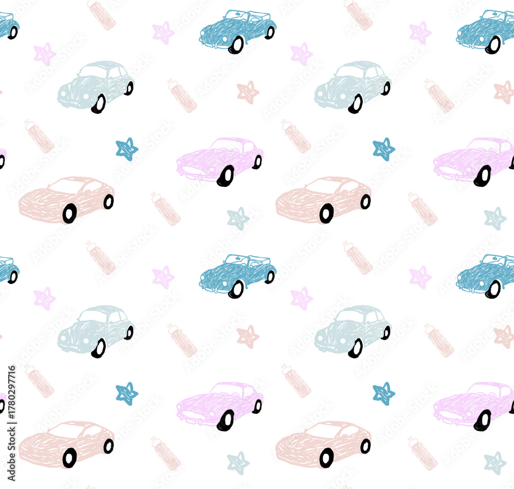 Fototapeta premium Cute cartoon vector seamless pattern with car, star ,bottle and cloud illustration for baby fabric design