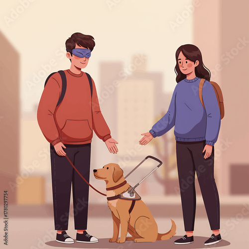 Illustration of a blind man with a guide dog and a helpful woman in an urban setting with a blurred cityscape background.