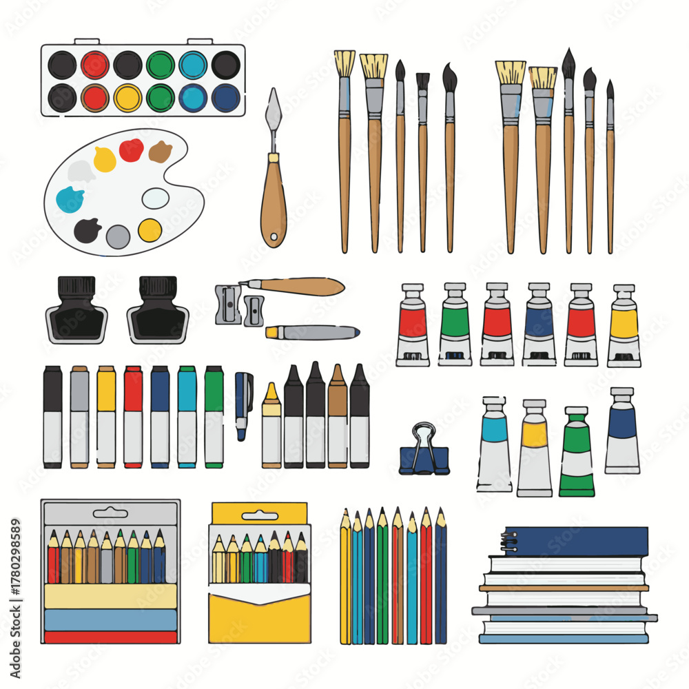 Fototapeta premium Set of painting tools and art supplies in flat style, including brushes, paint tubes, pencils, ink, watercolor, markers, palette, crayons, and sketchbook. Hand drawn vector illustration.