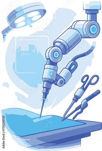 Robotic surgery arm vector illustration showing a precision medical robot conducting an operation under a surgical light, representing advanced technology in healthcare