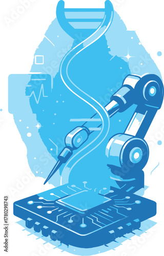 Space mining robot vector illustration, featuring a tracked robot drilling into an asteroid with visible space environment and a DNA helix for resource acquisition