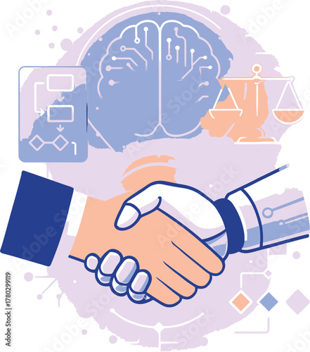 AI ethics concept vector illustration showing a robot and human handshake with a brain, legal scales, and algorithm flowchart, symbolizing justice and technology regulation
