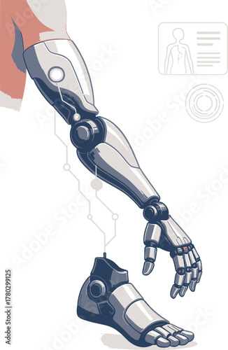 Smart prosthetic limb vector illustration featuring a futuristic bionic arm and detachable foot with exposed circuitry, representing modern technology and medical science innovation