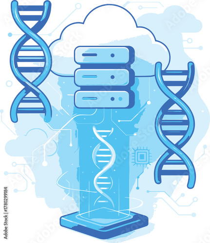 Cloud DNA storage vector illustration featuring DNA helix structures connecting to a cloud server rack, representing biotechnology, big data, and future computing