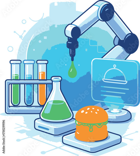 Future food lab vector illustration, depicting a robotic arm creating a burger using scientific equipment, symbolizing food technology and laboratory-grown meals