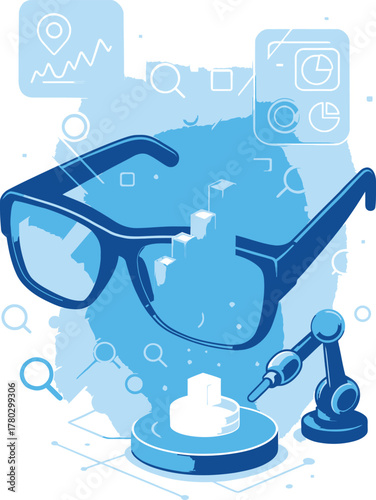 Augmented reality glasses vector illustration showing data visualization, geometric shapes, and a robotic arm for advanced immersive and interactive technology