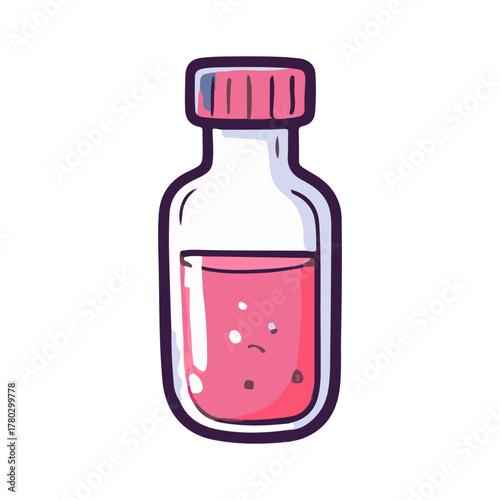 A small glass bottle filled with a sparkling pink chemical liquid. Vector icon of a medical syrup, scientific cure, or magical elixir isolated on white