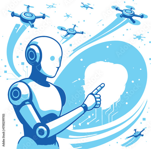 Futuristic Nano drone swarm vector illustration featuring a robot controlling or interacting with a multitude of autonomous miniature drones for advanced technology concepts