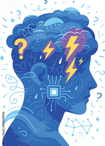 Overthinking storm illustration, a conceptual vector graphic depicting mental stress and anxiety with a thundercloud, lightning, and circuit board in a human silhouette
