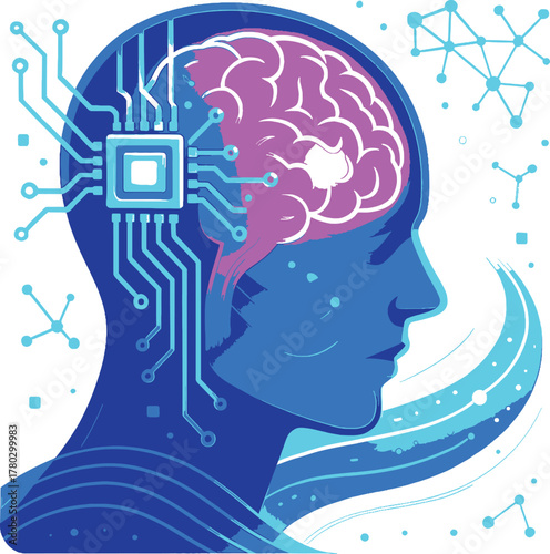 Futuristic Brain chip integration vector illustration, showing a human head with an integrated circuit board and a visible brain, representing AI and neural networks