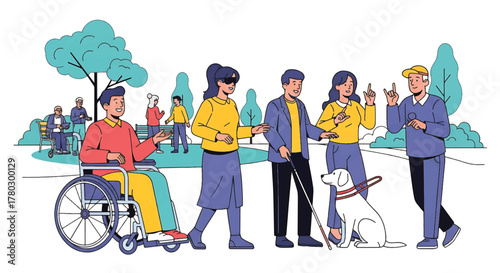Illustration of diverse people interacting in a park with a person in a wheelchair and a dog on a leash.