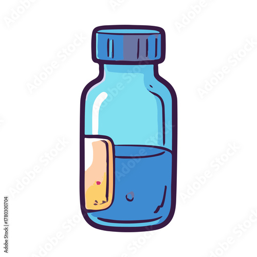Illustration of a small blue bottle with a label containing blue liquid, suitable for medical or laboratory contexts