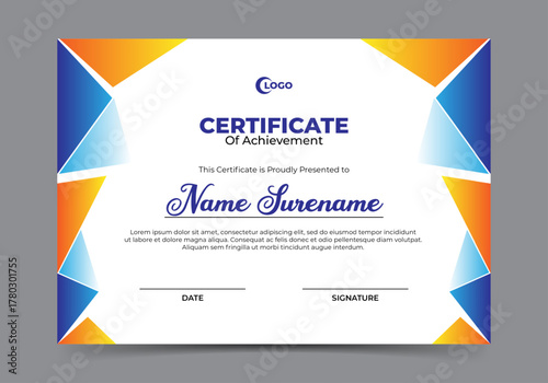 Certificate of achievement template with orange and blue polygonal