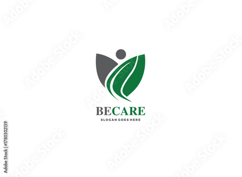 Elegant BeCare Logo Design Featuring Abstract Person and Green Leaf Shapes