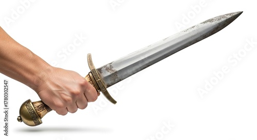 A hand firmly grips an antique dagger with a tarnished blade and ornate bronzecolored hilt against a stark white background