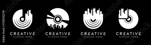 Set of music city logo design templates. Modern isolated music disc with city design for recording studios, vinyl stores, and music festivals.