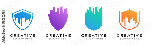 Set of city shield logo design templates. Modern isolated shield with city design for protection, stability and urban.