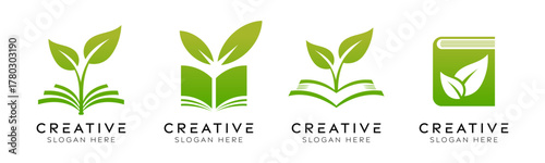 Set of natural book logo design templates. Modern isolated leaf with city design for education, nature and sustainability.