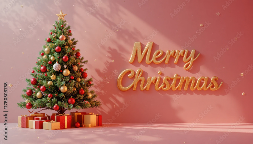 Obraz premium Beautifully decorated Christmas tree with red and gold ornaments stands beside wrapped gifts on pink background, with Merry Christmas written in elegant gold letters, evoking festive joy