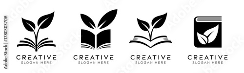 Set of natural book logo design templates. Modern isolated leaf with city design for education, nature and sustainability.