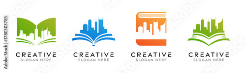 Set of book city logo design templates. Modern isolated book with city design for bookstores, libraries and education.